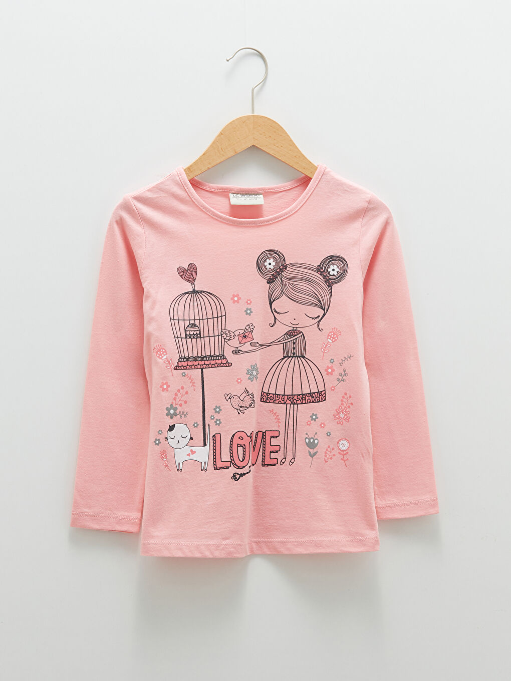 Pembe Bisiklet Yaka Baskılı Uzun Kollu Pamuklu Kız Çocuk Tişört