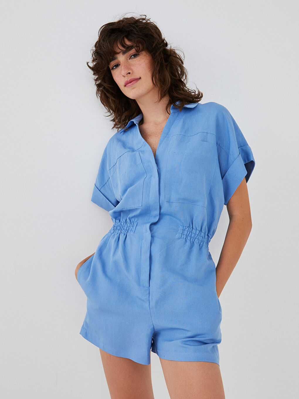 سلوبيت بياقة قميص مستقيمة كم قصير بتفاصيل جيب للسيدات-1