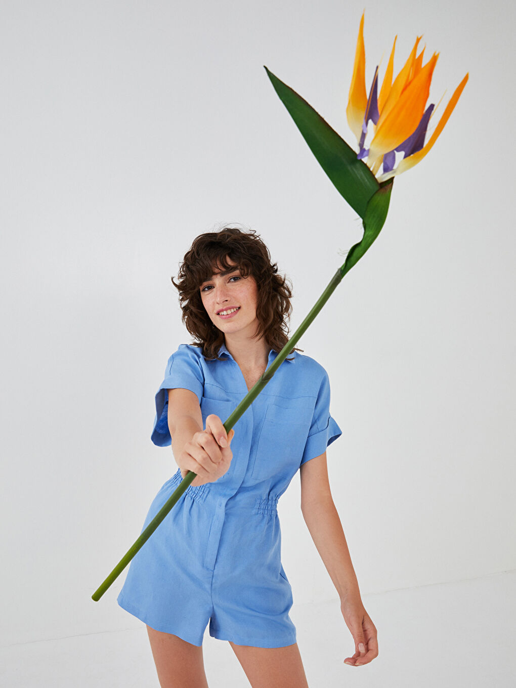 سلوبيت بياقة قميص مستقيمة كم قصير بتفاصيل جيب للسيدات-5