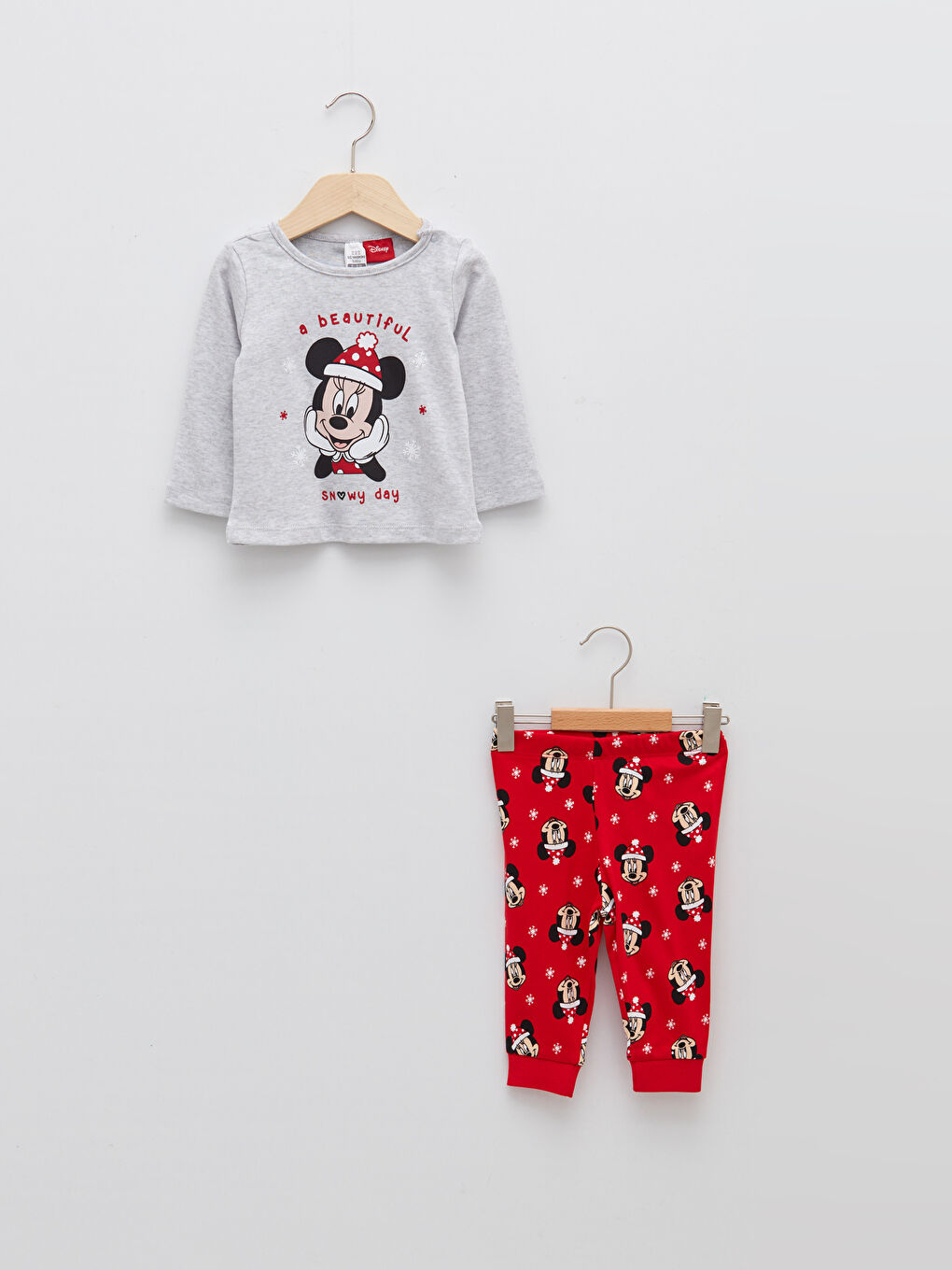 Crew Neck Long Sleeve Minnie Mouse Printed Cotton Baby Girl Pajamas Set