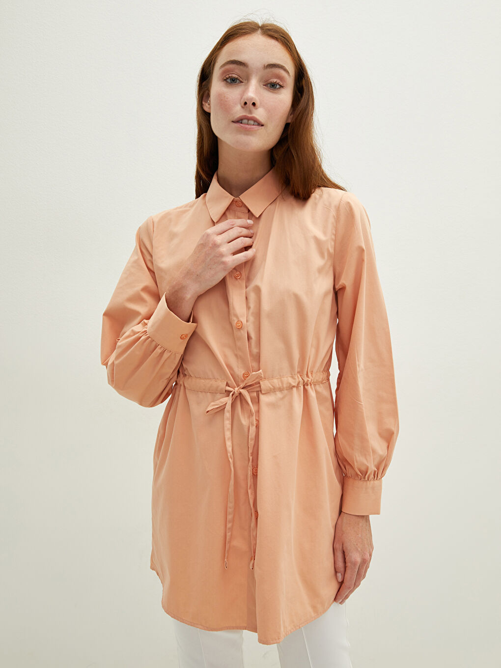 تونيك قميص للسيدات بخصر مسطح وتفاصيل تجمع وكم طويل من البوبلين-2