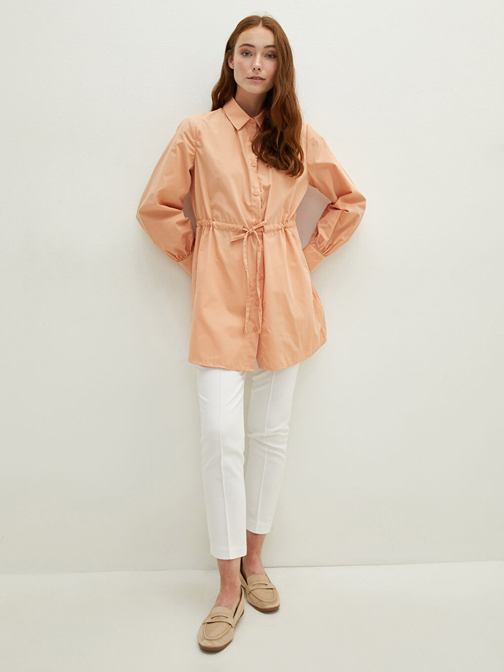 تونيك قميص للسيدات بخصر مسطح وتفاصيل تجمع وكم طويل من البوبلين-3