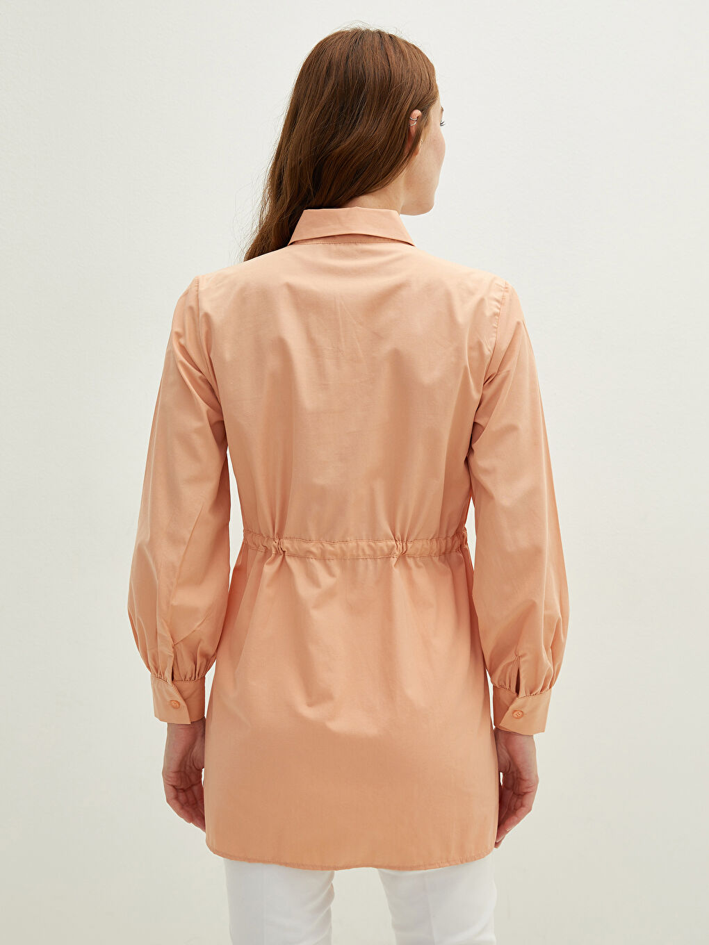 تونيك قميص للسيدات بخصر مسطح وتفاصيل تجمع وكم طويل من البوبلين-4