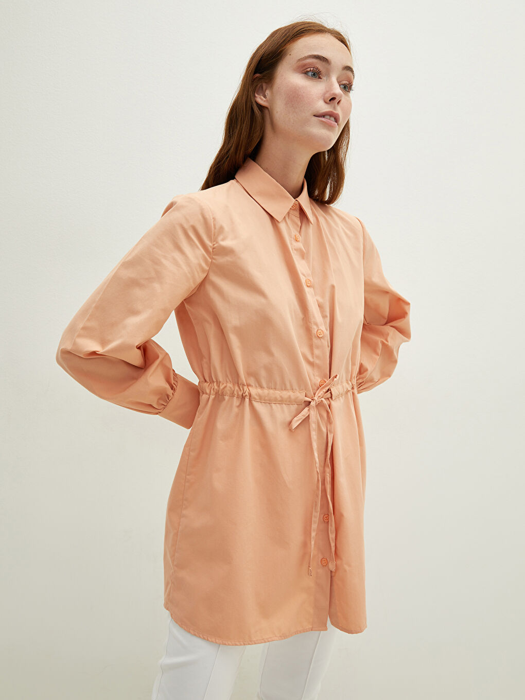 تونيك قميص للسيدات بخصر مسطح وتفاصيل تجمع وكم طويل من البوبلين-1