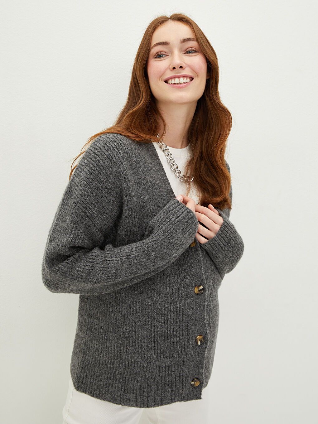 V-Neck Plain Long Sleeved Front Button Closure Maternity Knitwear Cardigan