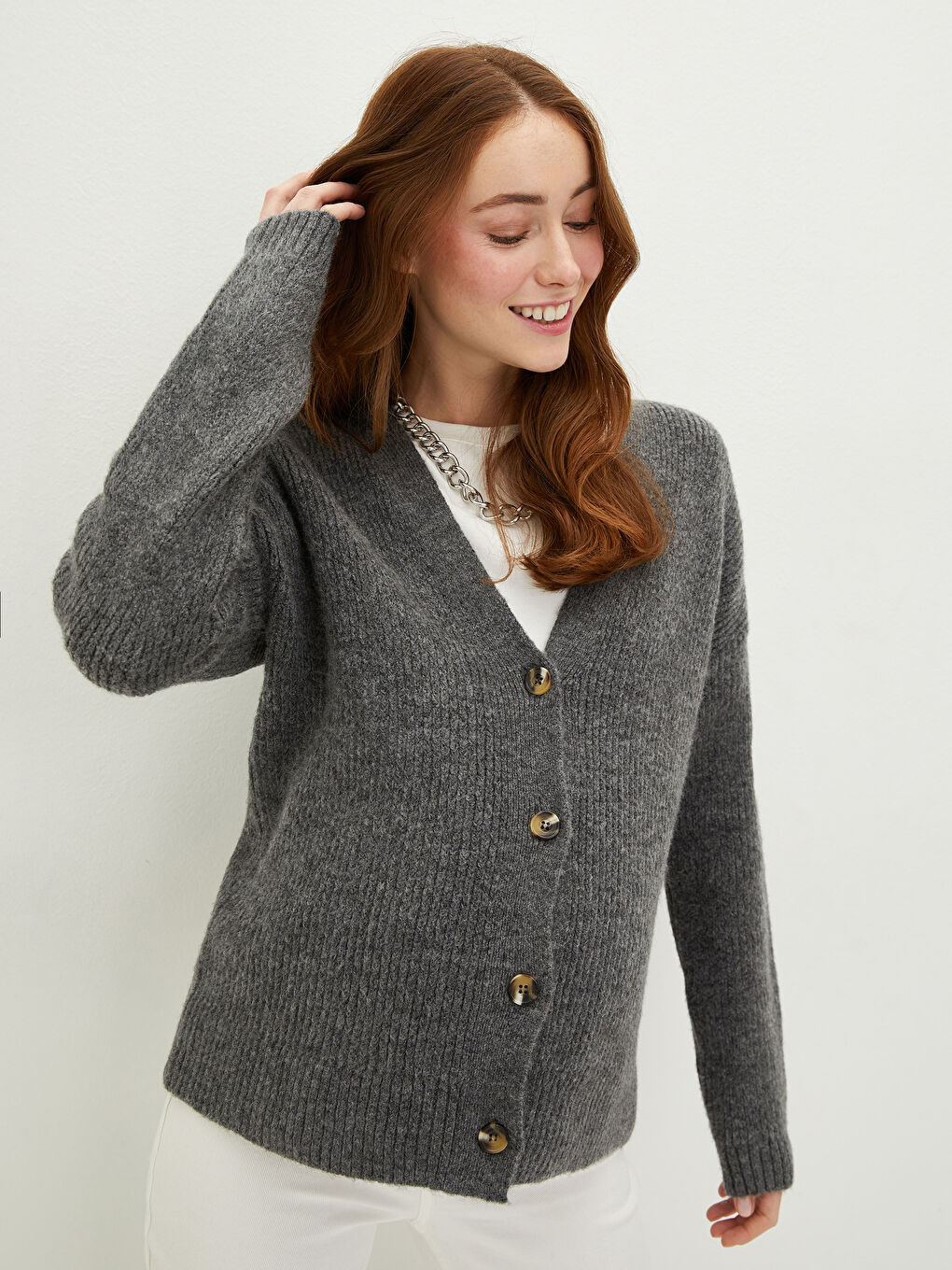 V-Neck Plain Long Sleeved Front Button Closure Maternity Knitwear Cardigan-1