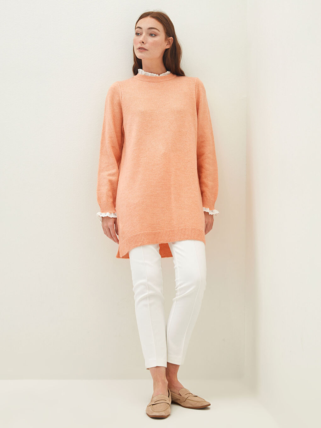 Turuncu Bisiklet Yaka Nakışlı Uzun Kollu Kadın Triko Tunik-2