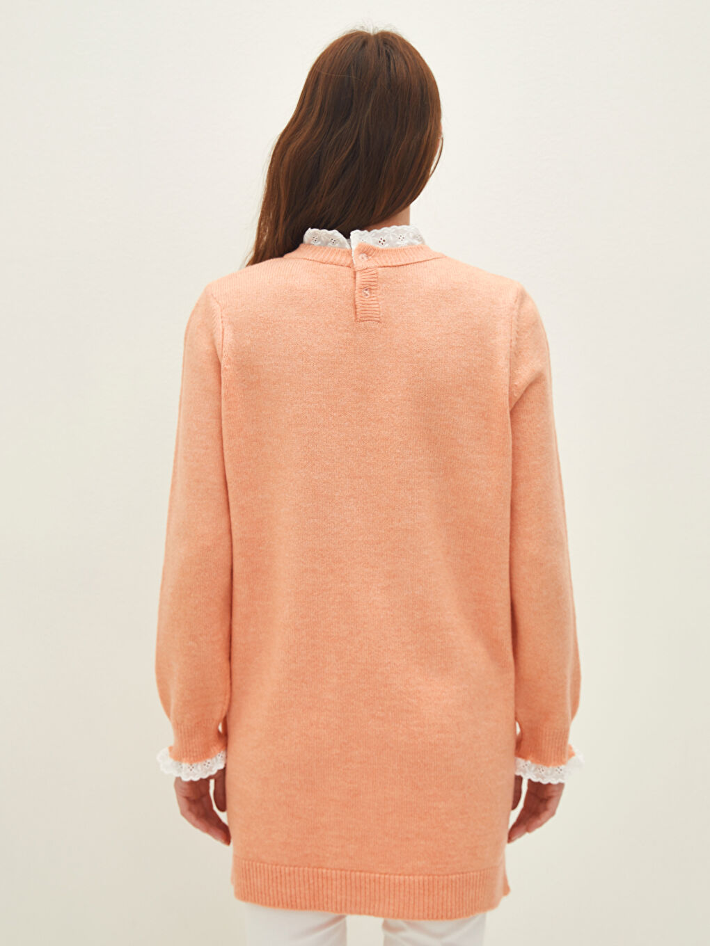 Turuncu Bisiklet Yaka Nakışlı Uzun Kollu Kadın Triko Tunik-3