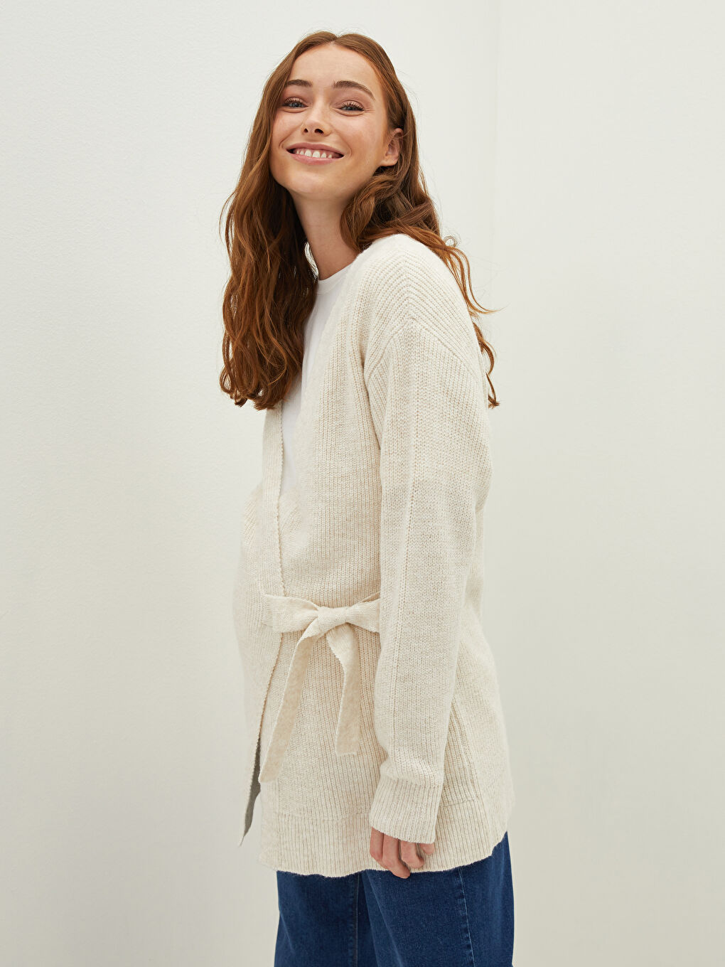 Кардиган Женский Трикотажный С Длинным Рукавом, V-Образным Вырезом и Прямыми Завязками-5