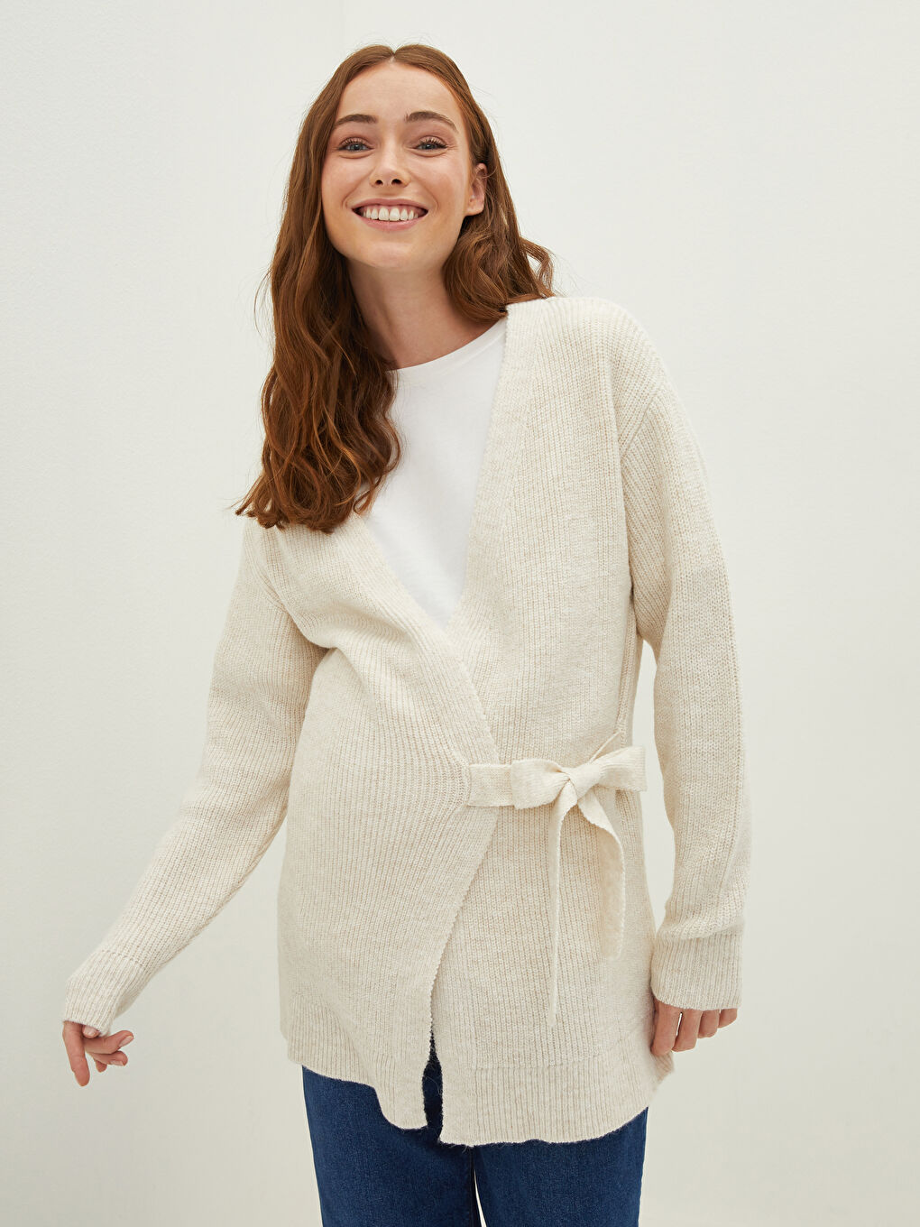 Кардиган Женский Трикотажный С Длинным Рукавом, V-Образным Вырезом и Прямыми Завязками-7