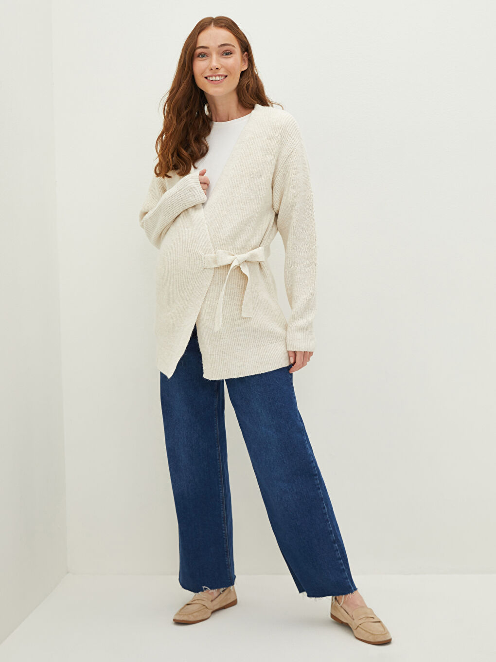 Кардиган Женский Трикотажный С Длинным Рукавом, V-Образным Вырезом и Прямыми Завязками-11