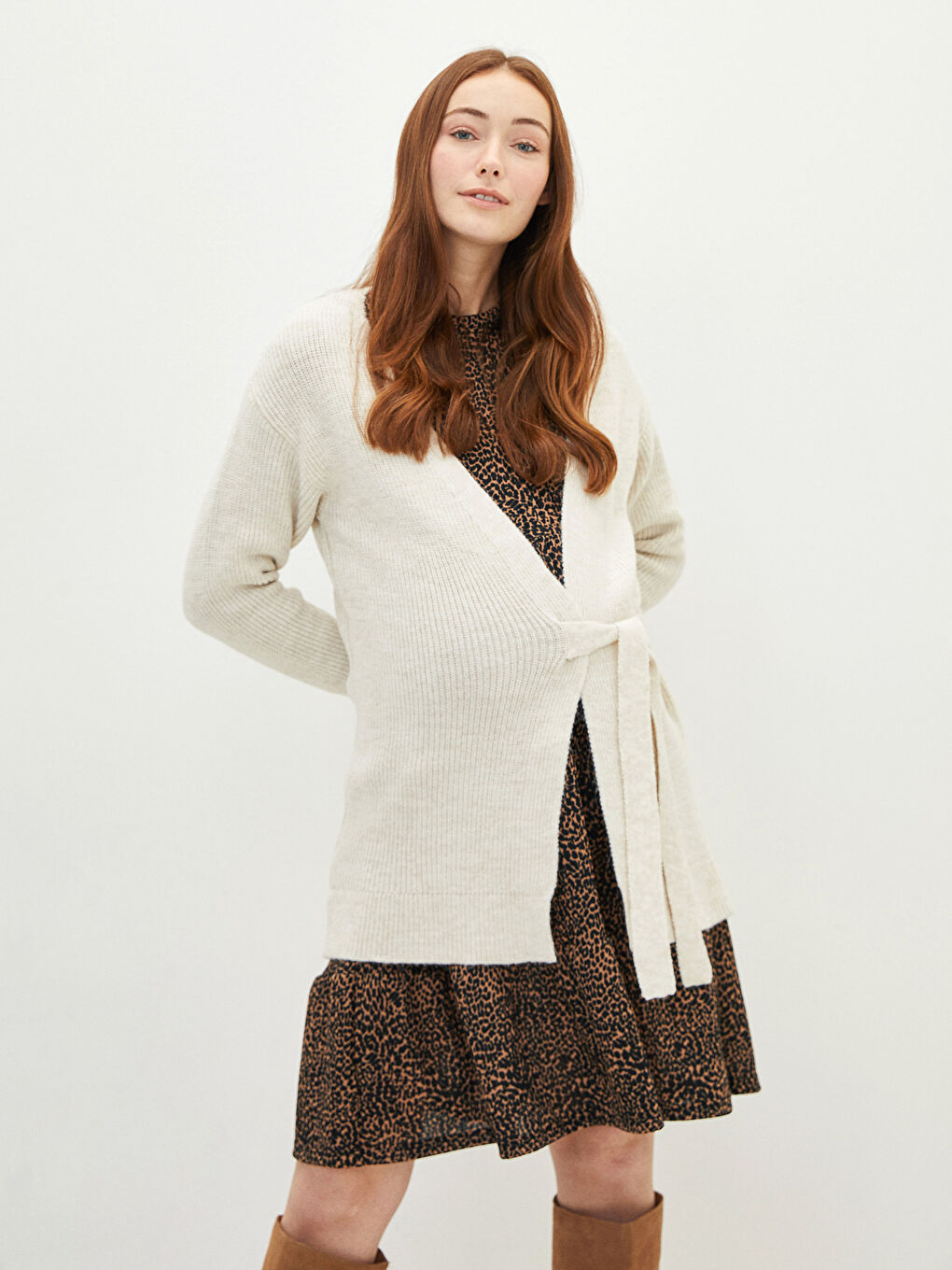 Кардиган Женский Трикотажный С Длинным Рукавом, V-Образным Вырезом и Прямыми Завязками-6