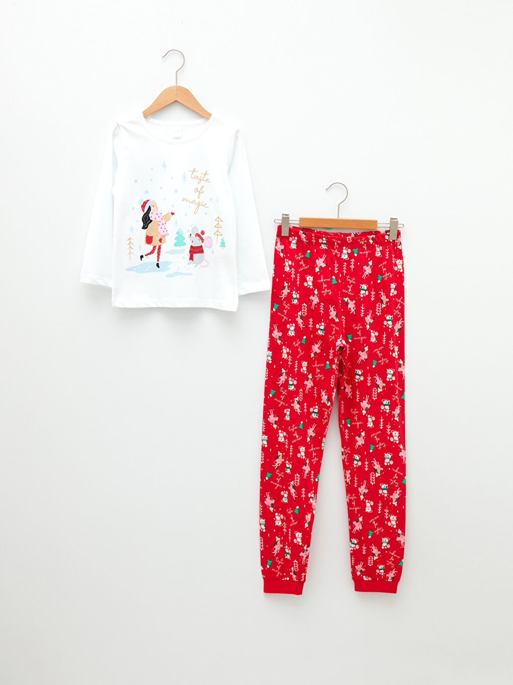 طقم بيجامة للبنات ياقة دائرية كم طويل مطبوع