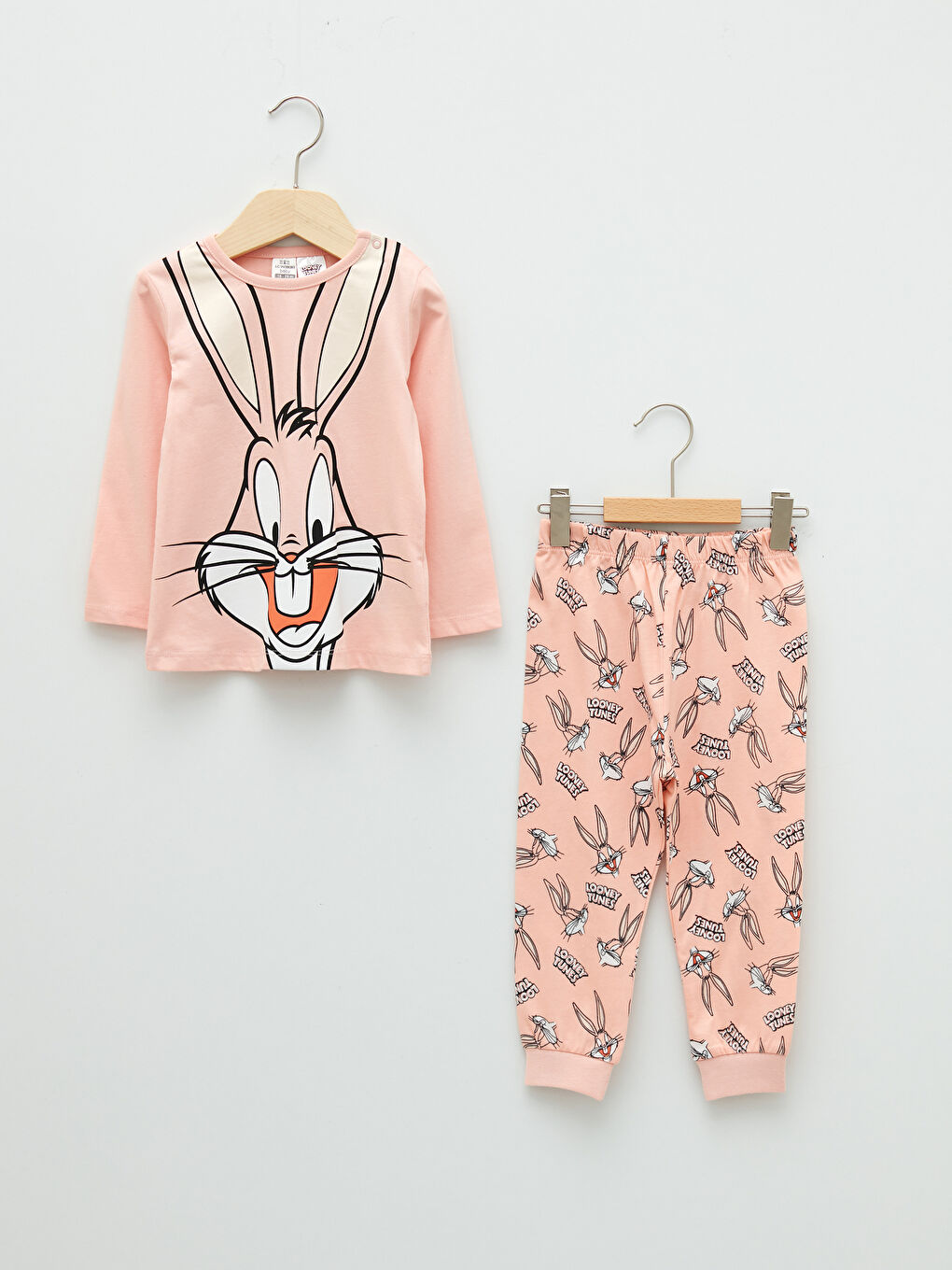 Crew Neck Long Sleeve Bugs Bunny Printed Cotton Baby Girl Pajamas Set