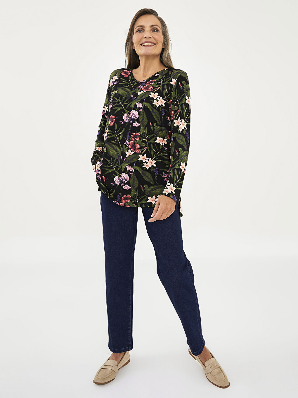 Karışık V Yaka Çiçekli Uzun Kollu Viskon Kadın Bluz-2