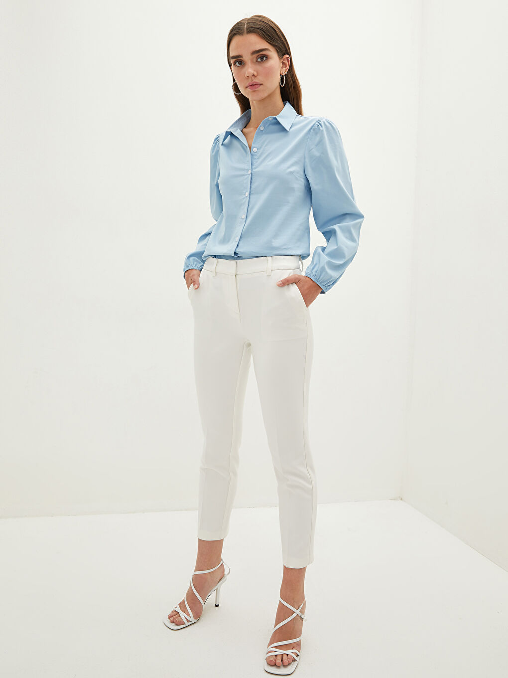 Mavi Önden Düğme Kapamalı Düz Uzun Kollu Kadın Gömlek-2