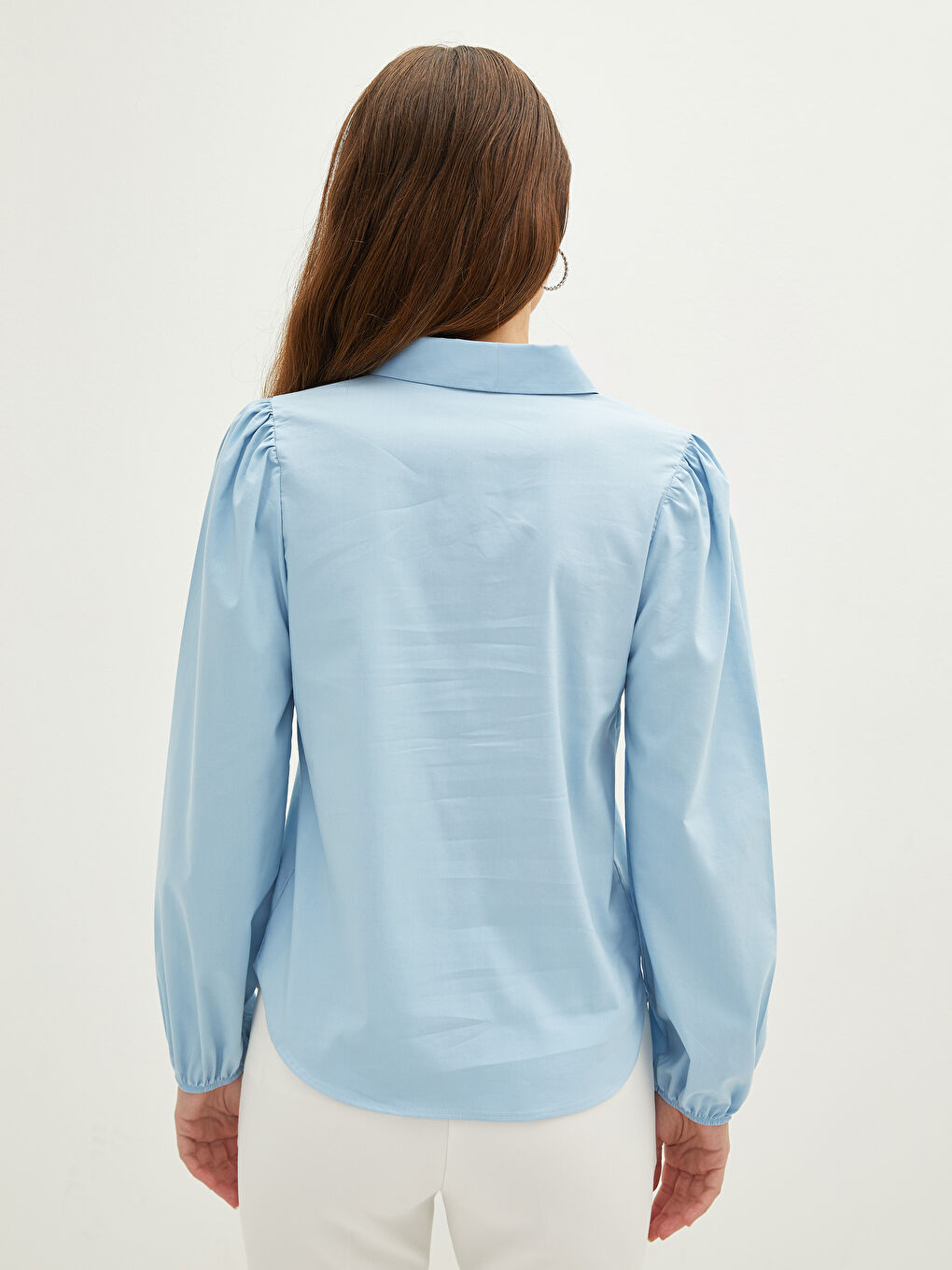 Mavi Önden Düğme Kapamalı Düz Uzun Kollu Kadın Gömlek-4