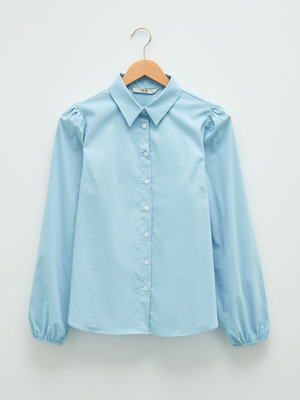 Mavi Önden Düğme Kapamalı Düz Uzun Kollu Kadın Gömlek-5