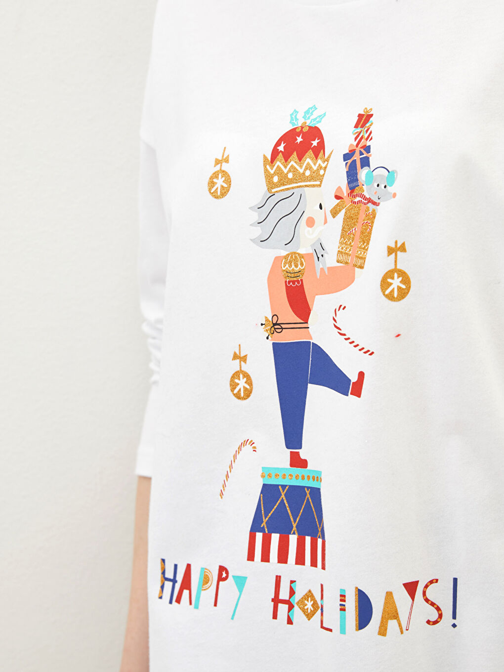 Beyaz Bisiklet Yaka Yılbaşı Temalı Uzun Kollu Pamuklu Kadın Pijama Takımı-3