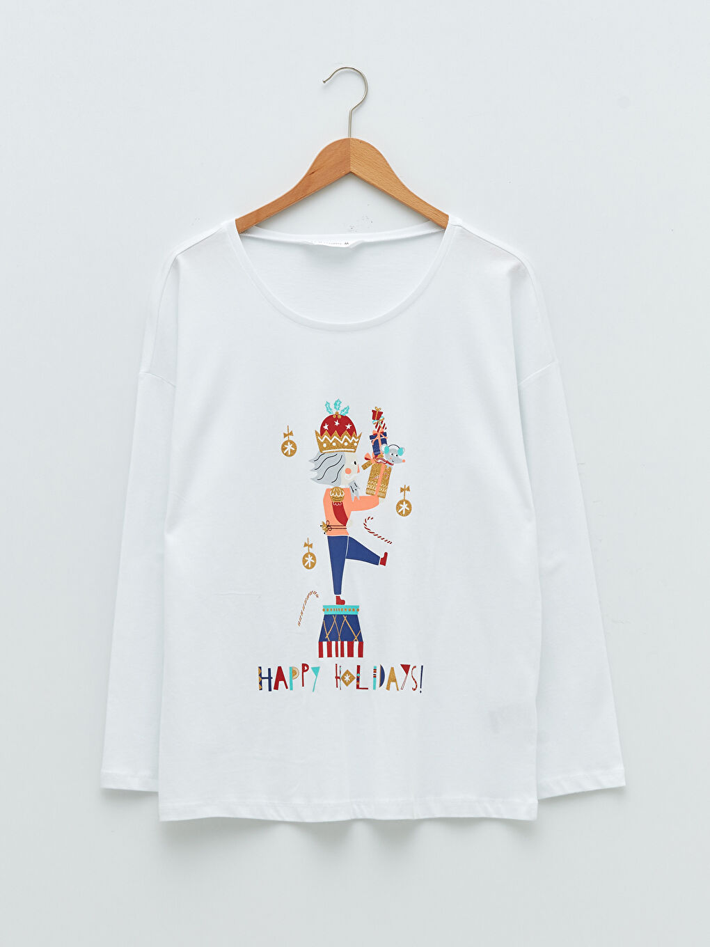 Beyaz Bisiklet Yaka Yılbaşı Temalı Uzun Kollu Pamuklu Kadın Pijama Takımı-6