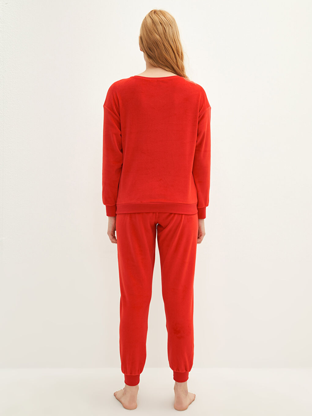 Комплект пижами с кръгло деколте, изчистен дизайн, дълъг ръкав, кадифе, за жени-4