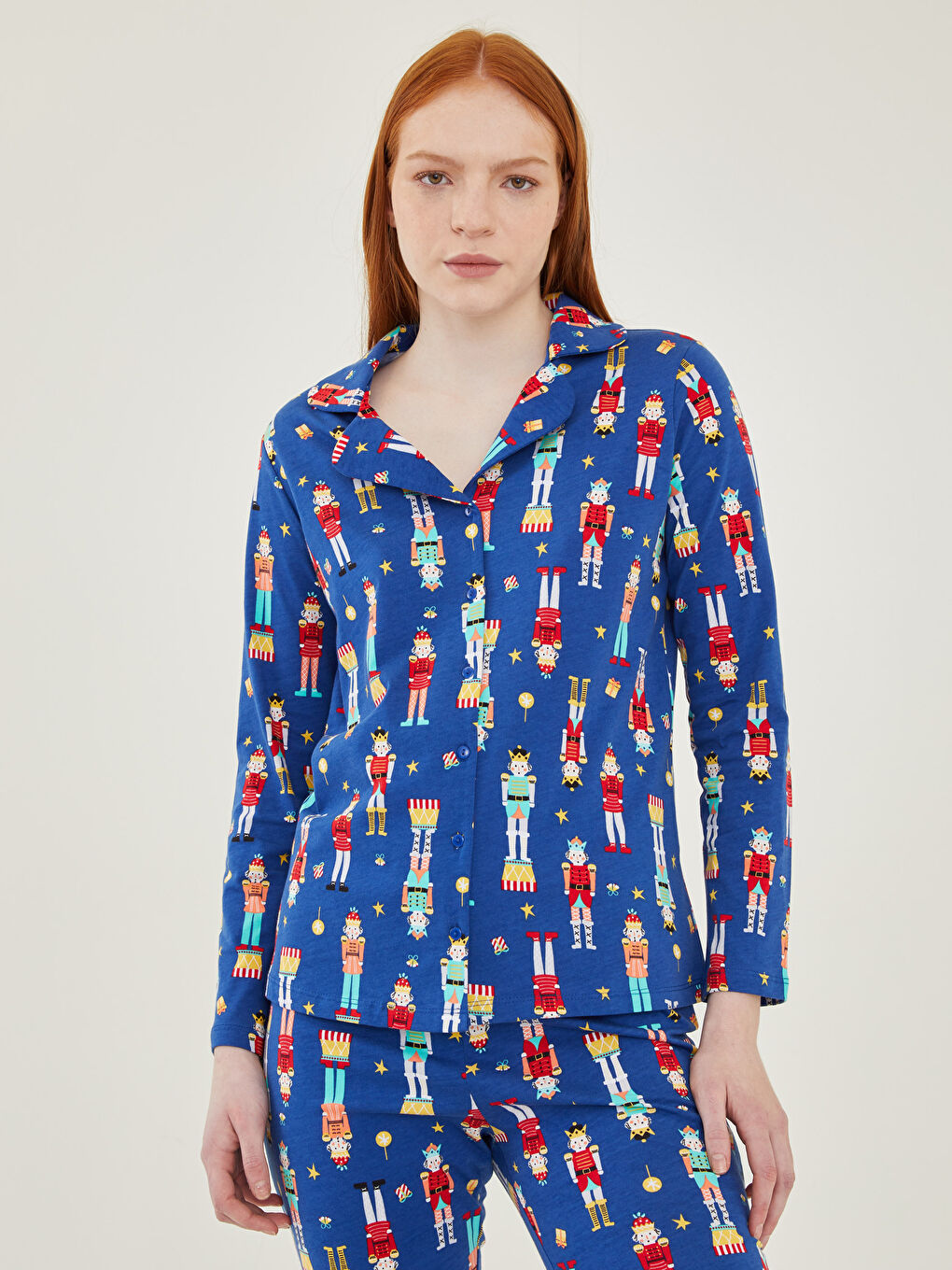 Shirt Neck New Year Themed Long Sleeve Cotton Women's Pajama Set