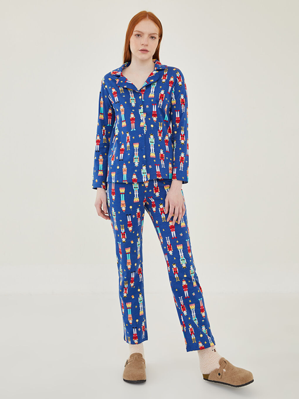 Shirt Neck New Year Themed Long Sleeve Cotton Women's Pajama Set-1