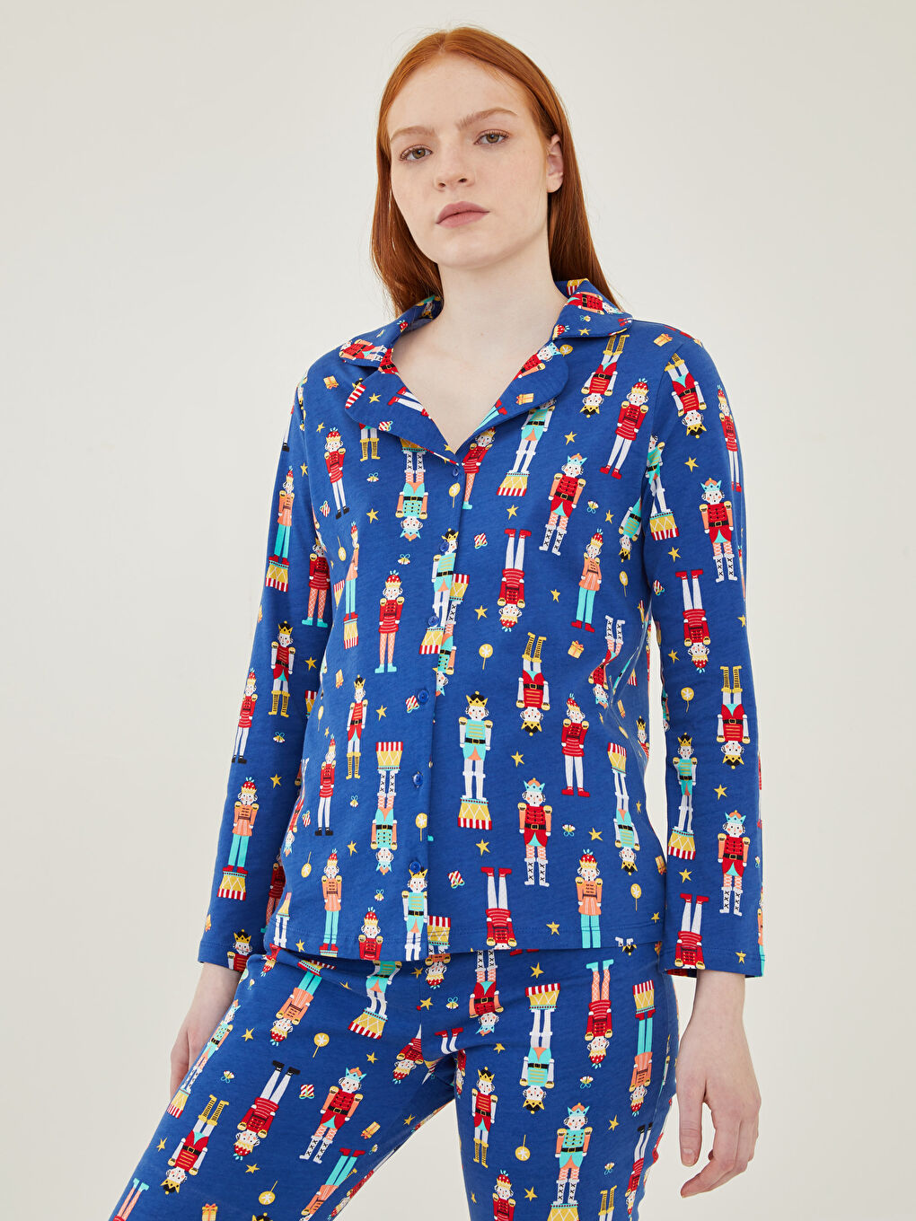 Shirt Neck New Year Themed Long Sleeve Cotton Women's Pajama Set-2