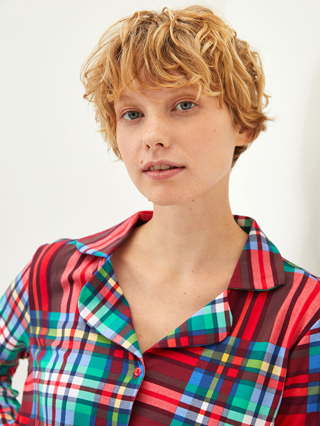 طقم بيجامة نسائي بياقة قميص كاروهات كم طويل قطن-3