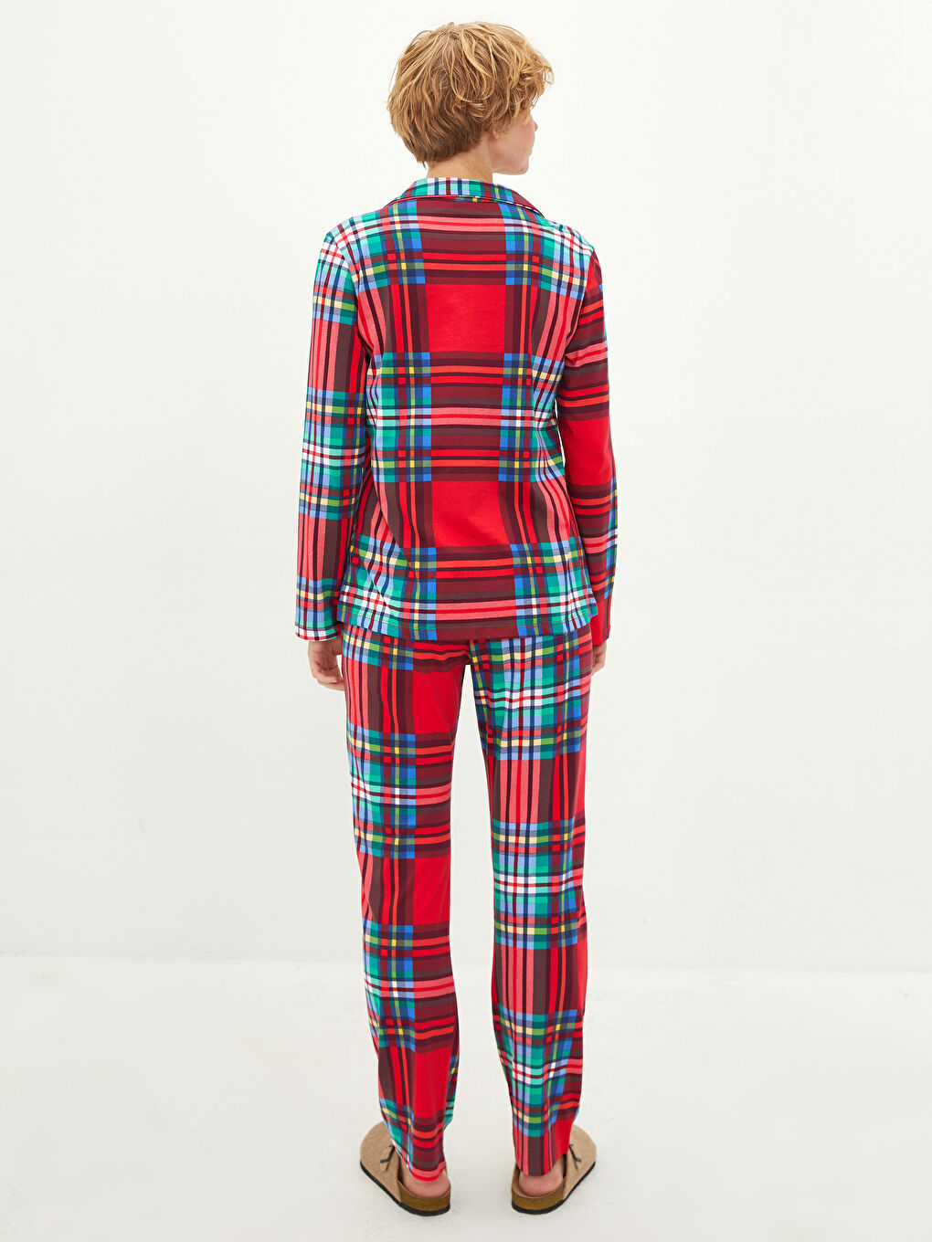 طقم بيجامة نسائي بياقة قميص كاروهات كم طويل قطن-4