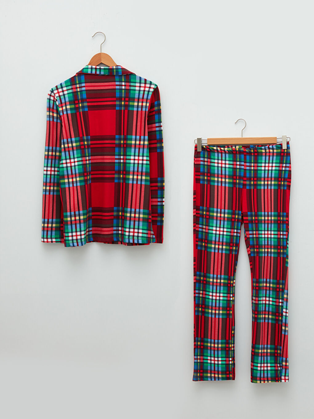 طقم بيجامة نسائي بياقة قميص كاروهات كم طويل قطن-6