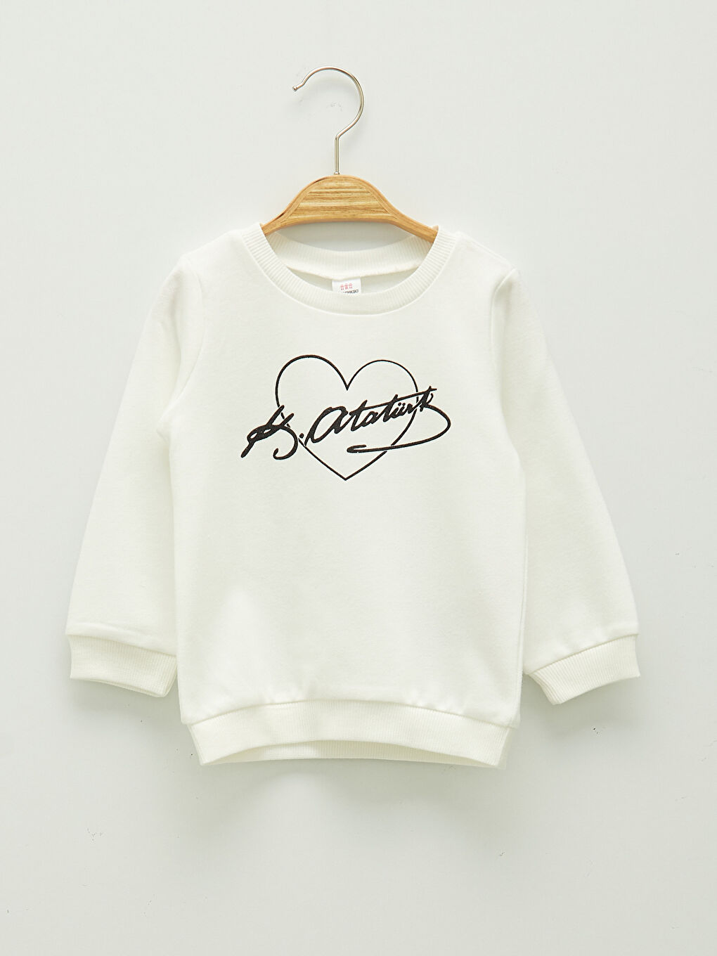 Ekru Bisiklet Yaka Uzun Kollu Atatürk İmza Baskılı Kız Bebek Sweatshirt