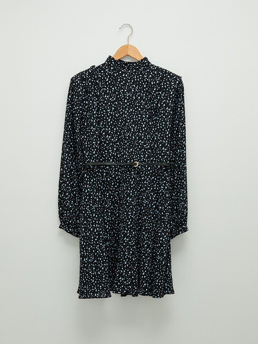 Siyah Dik Yaka Desenli Uzun Kollu Kemer Detaylı Viskon Kadın Elbise-6