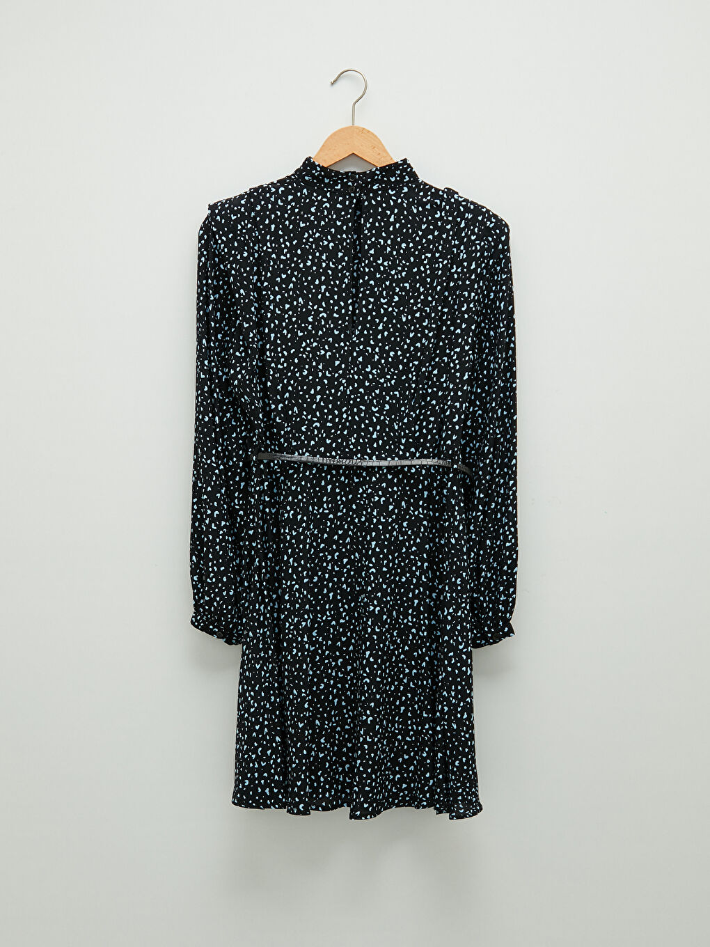 Siyah Dik Yaka Desenli Uzun Kollu Kemer Detaylı Viskon Kadın Elbise-7