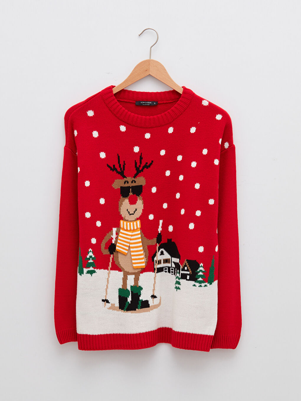 Kırmızı Bisiklet Yaka Yılbaşı Temalı Uzun Kollu Kadın Triko Kazak-6