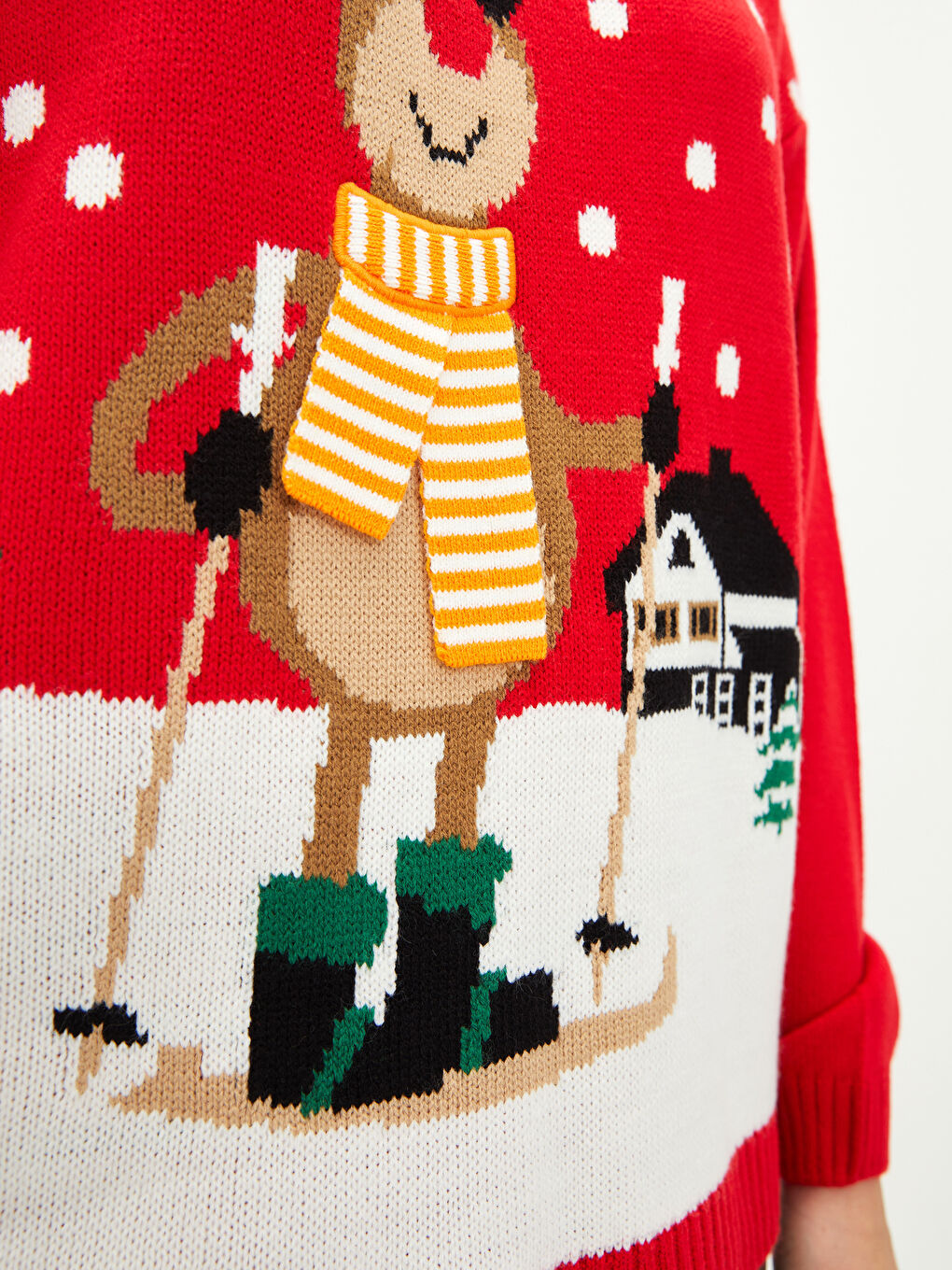Kırmızı Bisiklet Yaka Yılbaşı Temalı Uzun Kollu Kadın Triko Kazak-2
