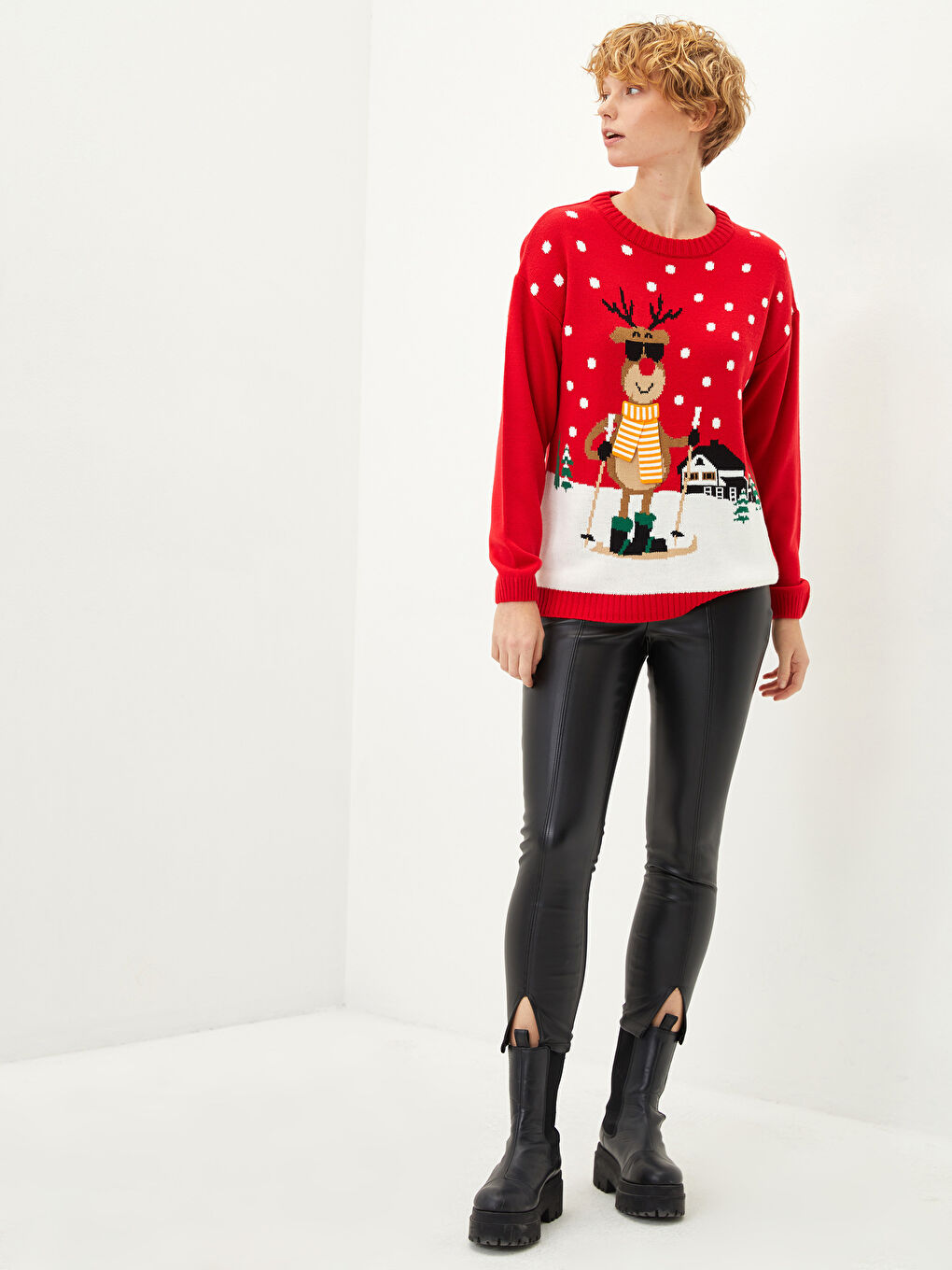 Kırmızı Bisiklet Yaka Yılbaşı Temalı Uzun Kollu Kadın Triko Kazak-4