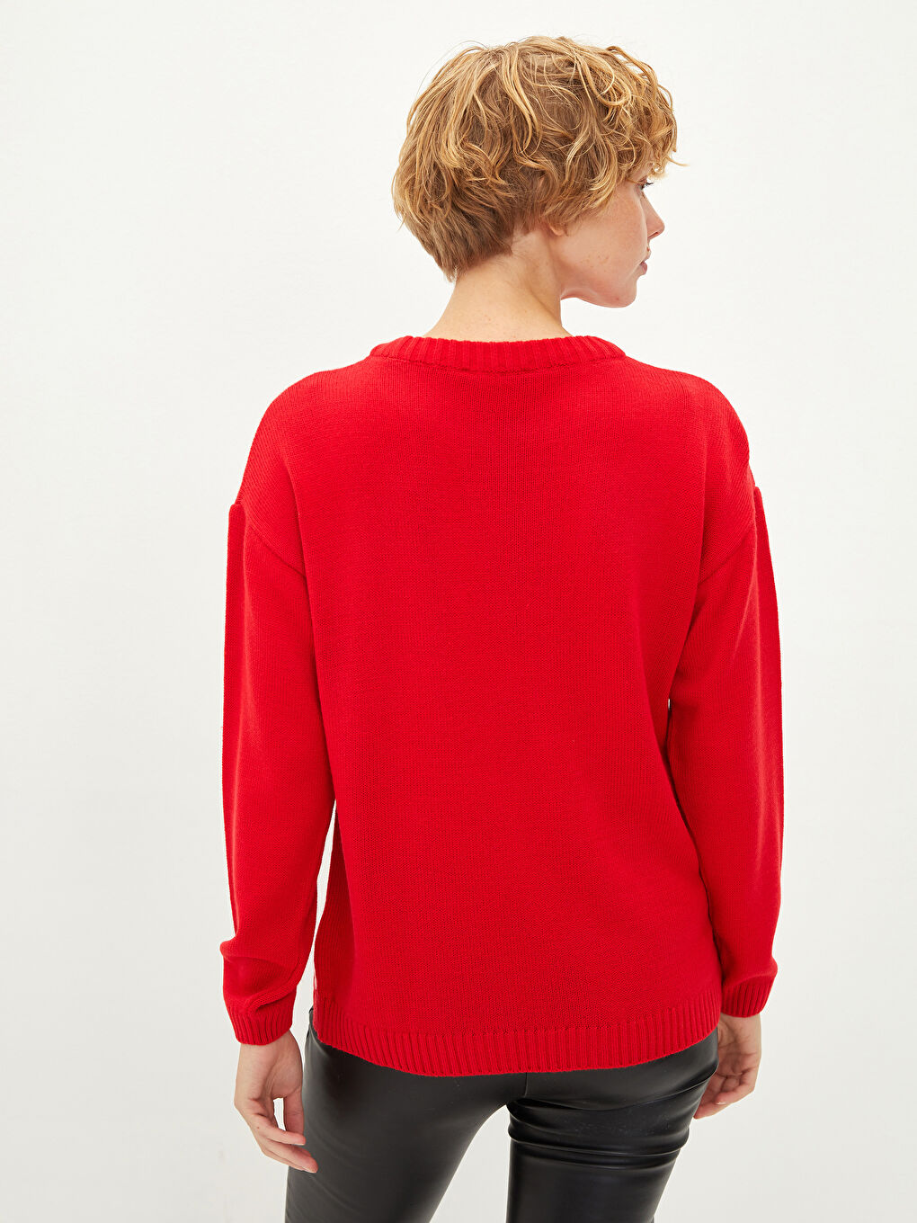 Kırmızı Bisiklet Yaka Yılbaşı Temalı Uzun Kollu Kadın Triko Kazak-5