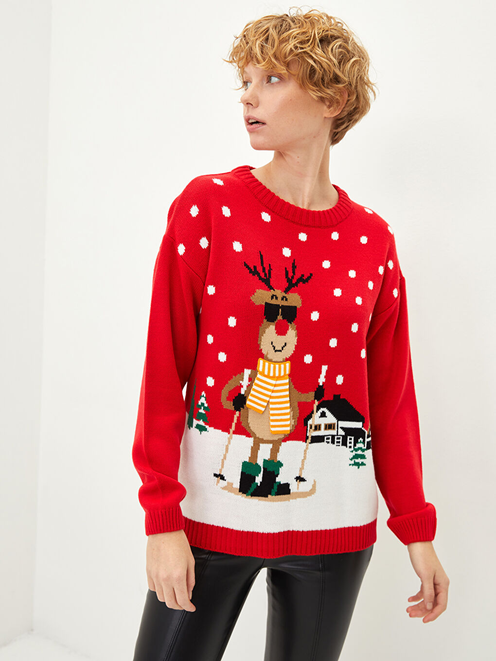 Kırmızı Bisiklet Yaka Yılbaşı Temalı Uzun Kollu Kadın Triko Kazak-1