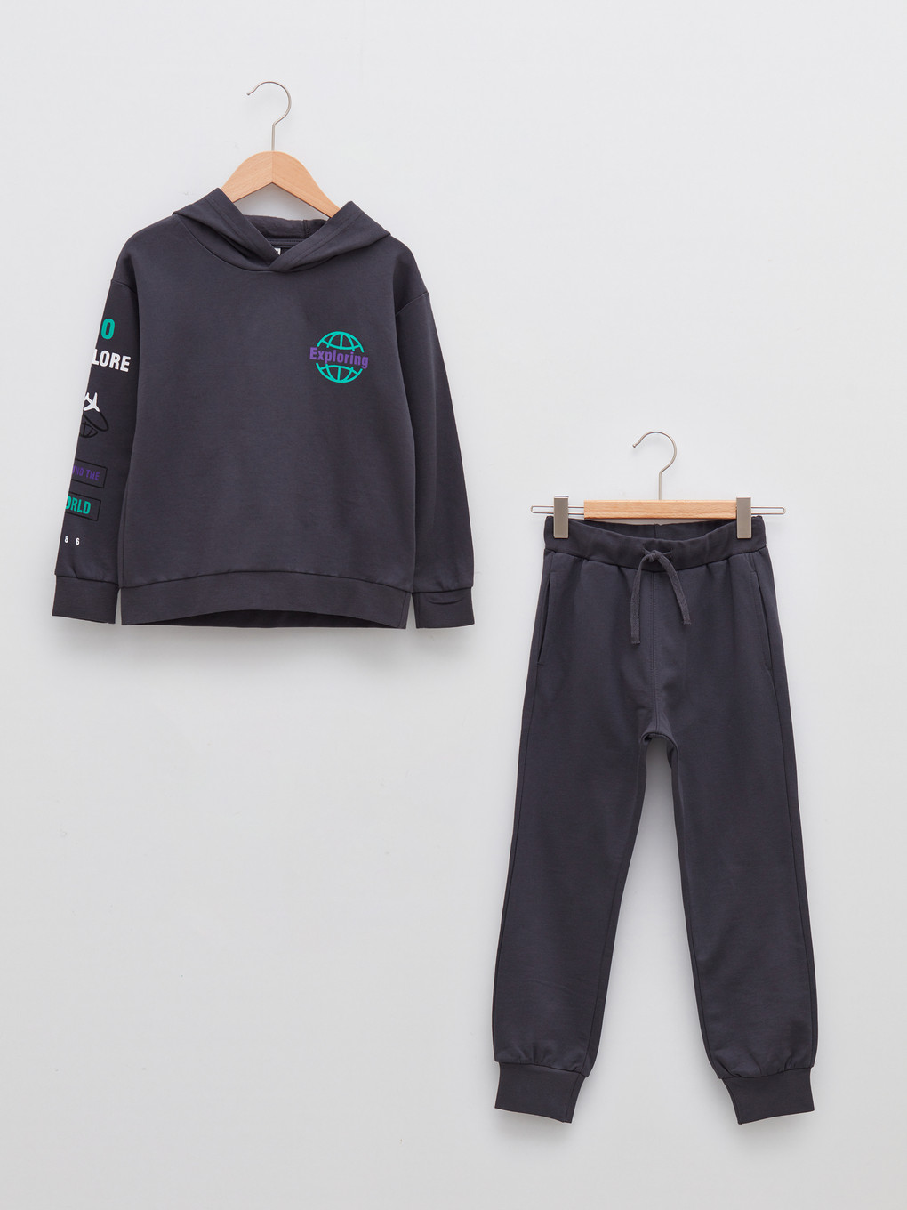 Antrasit Kapüşonlu Baskılı Uzun Kollu Erkek Çocuk Sweatshirt Ve Eşofman Altı