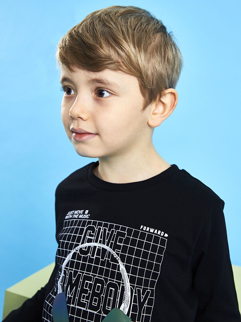 Siyah Bisiklet Yaka Uzun Kollu Baskılı Pamuklu Erkek Çocuk Tişört-1