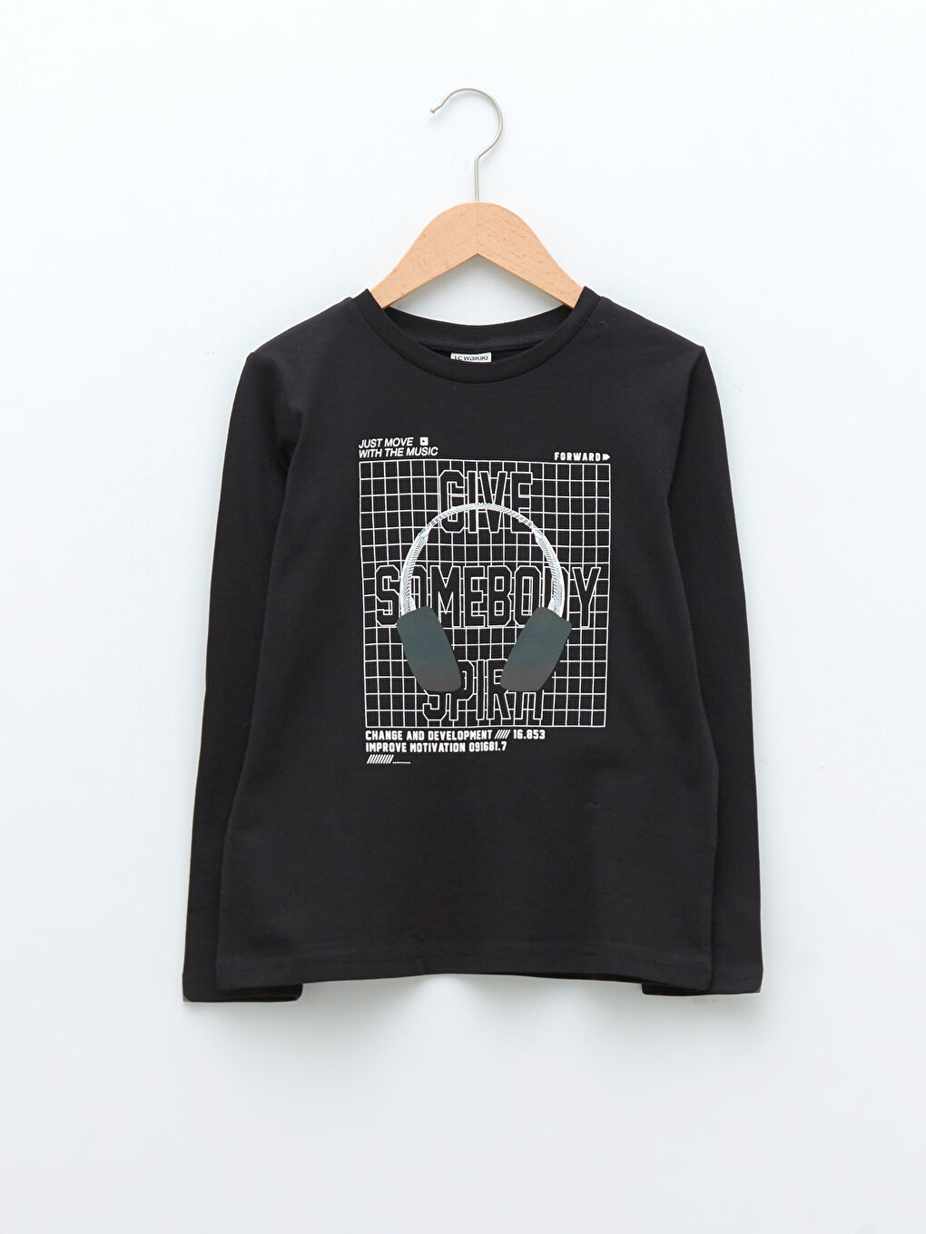 Siyah Bisiklet Yaka Uzun Kollu Baskılı Pamuklu Erkek Çocuk Tişört-2