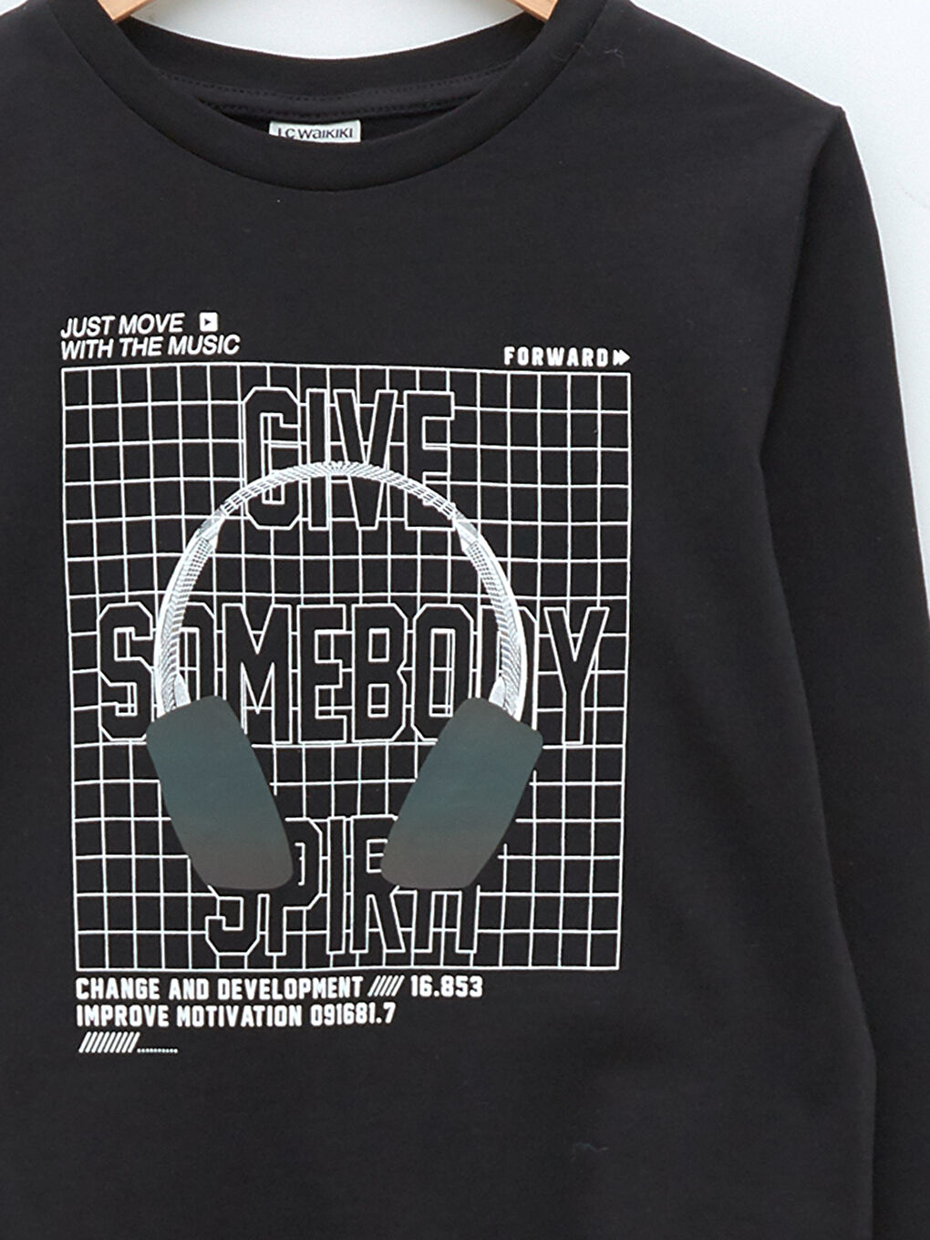 Siyah Bisiklet Yaka Uzun Kollu Baskılı Pamuklu Erkek Çocuk Tişört-4