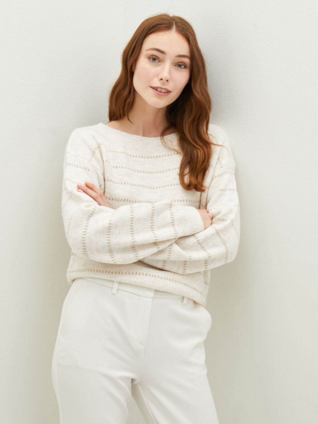 Свитер из трикотажа с круглым вырезом, узором и длинным рукавом для женщин-2