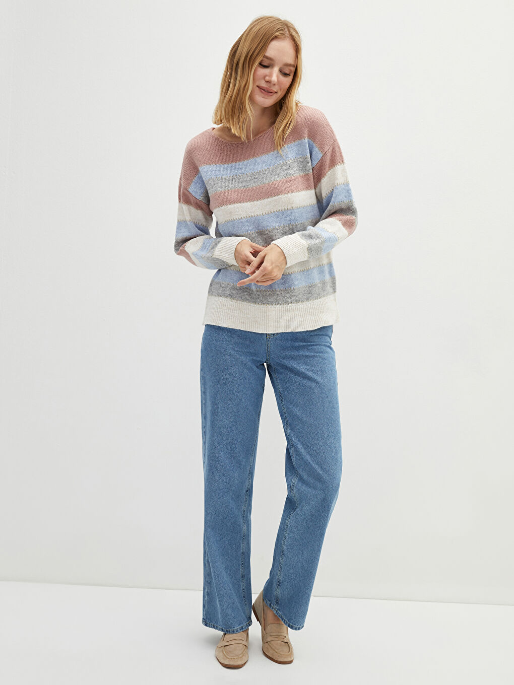 Pembe Bisiklet Yaka Çizgili Uzun Kollu Kadın Triko Kazak-2