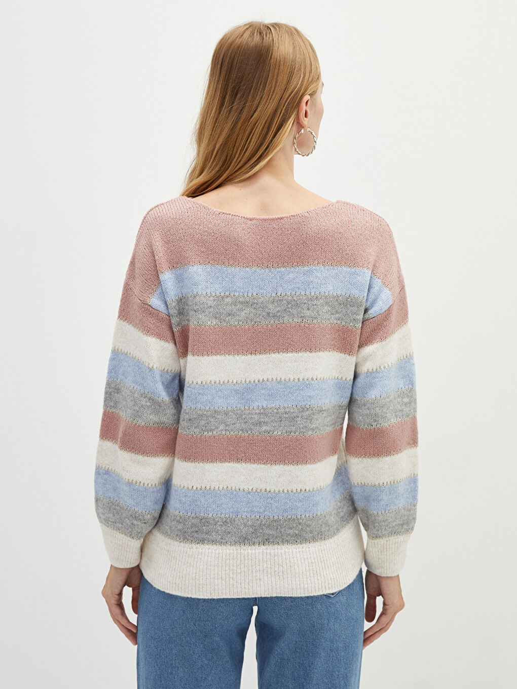 Pembe Bisiklet Yaka Çizgili Uzun Kollu Kadın Triko Kazak-4