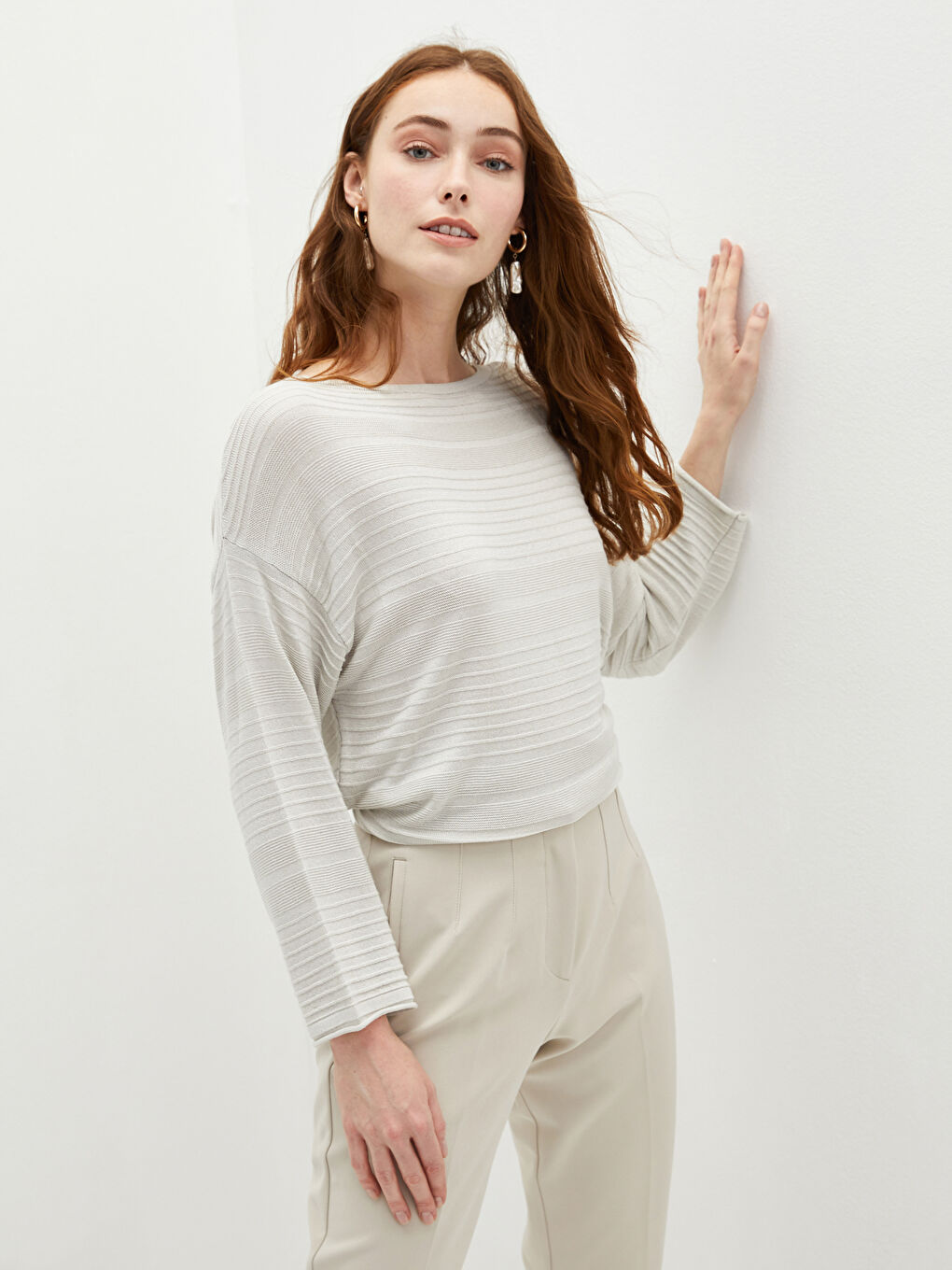 Crew Neck Self-Patterned Women's Knitwear Sweater-2