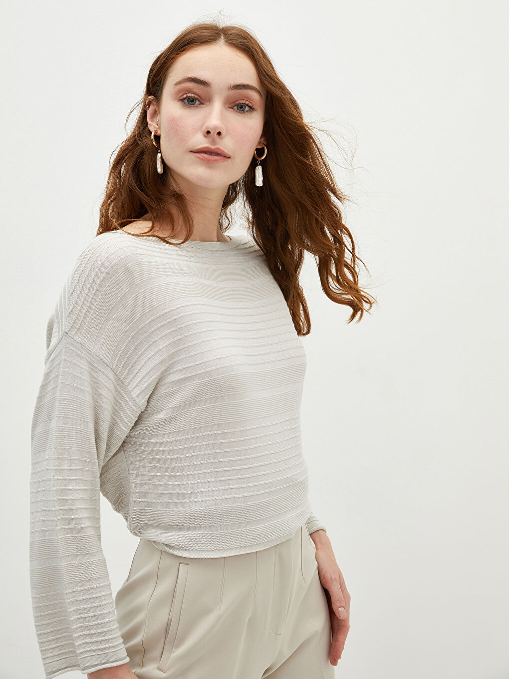 Crew Neck Self-Patterned Women's Knitwear Sweater-1