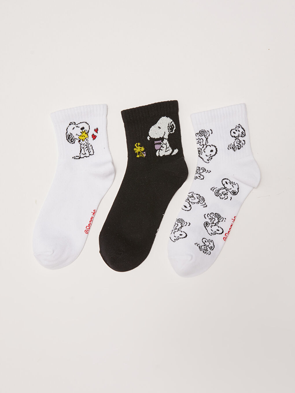 Ekru Snoopy Baskılı Kadın Soket Çorap 3'lü-1