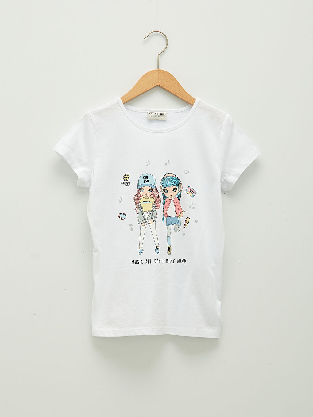 Beyaz Bisiklet Yaka Baskılı Kısa Kollu Kız Çocuk Tişört